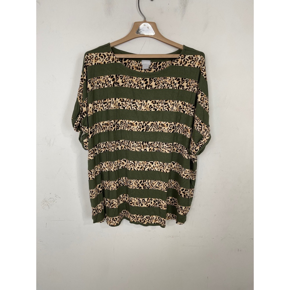 Chicos Olive Green Leopard Stripe Short Sleeve Top Size 4 XXL Rayon Spandex
